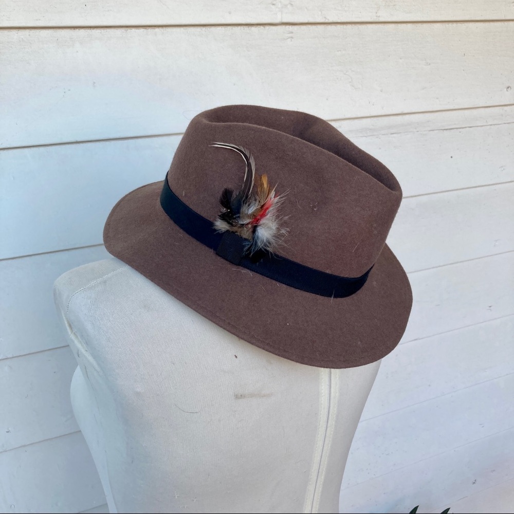 Vintage 60s Bollman hat company felt 100% wool brown feather fedora cap mad men - Picture 1 of 6